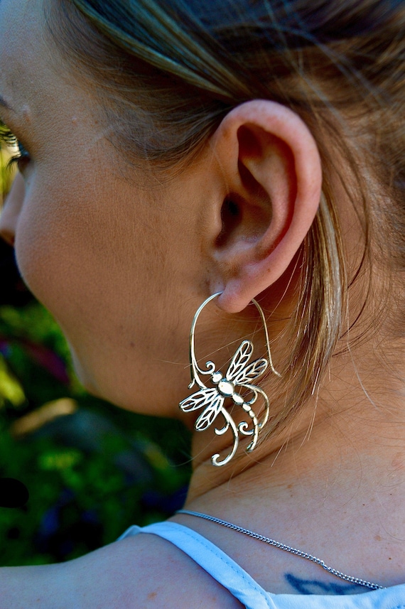 Hand Carved Silver Dragonfly Earrings, Butterfly Trendy Jewelry