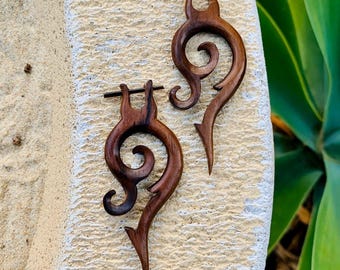 Hand Carved Tribal Wood Spike Earrings