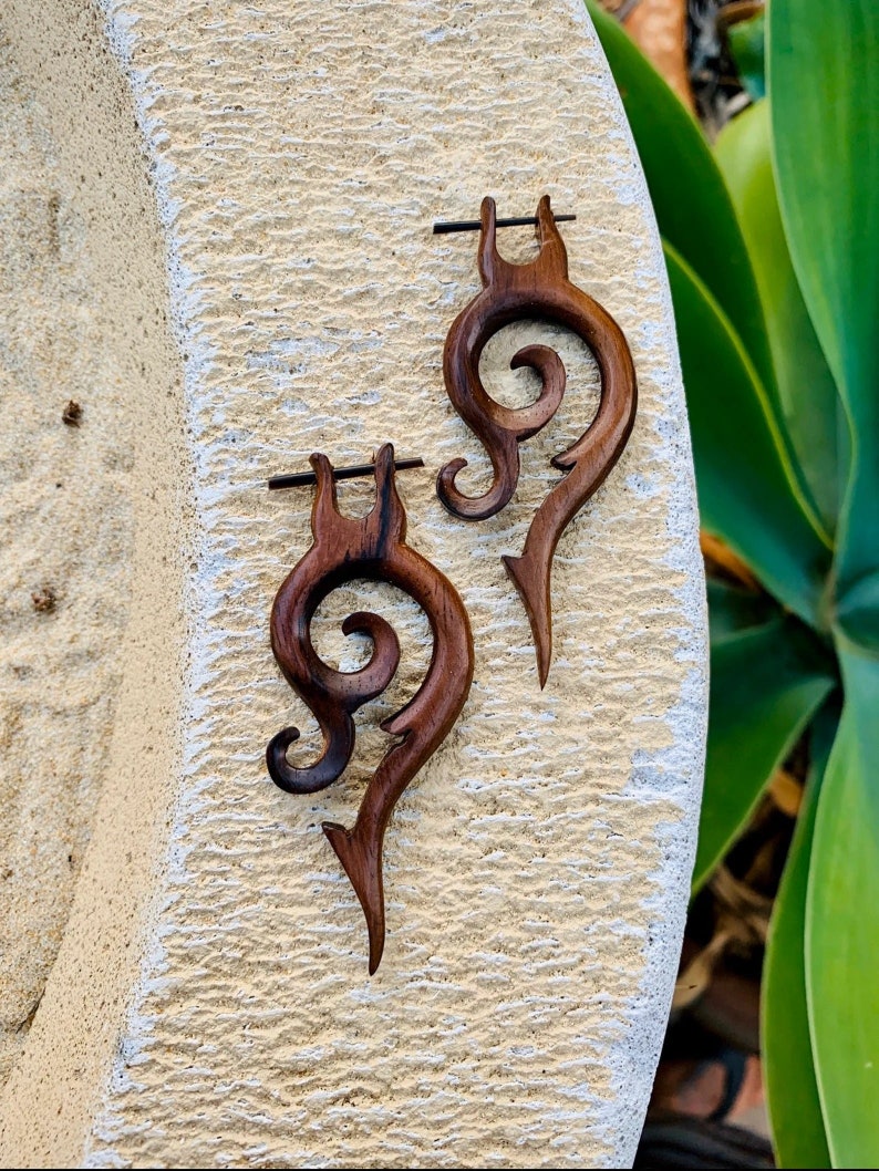 Hand Carved Tribal Wood Spike Earrings