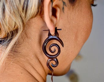 Hand Carved Tribal Wood Earrings