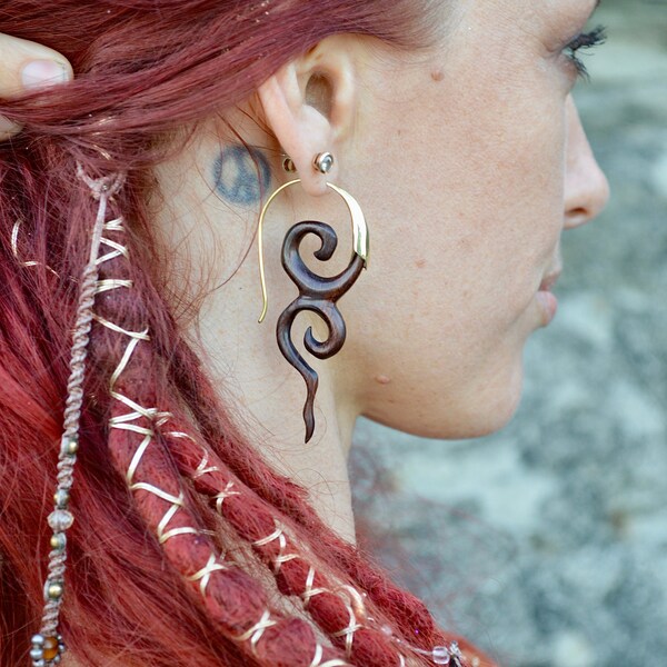 Hand Carved Wood And Brass Earrings, Beach Earring For Her