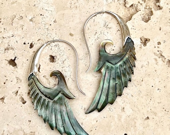 Flügel Muschel Silber Ohrringe Hand geschnitzte Ohrringe für Festivals Abalone Muschel Sterling Silber Schmuck Boho Flügel baumeln Ohrringe Abalone