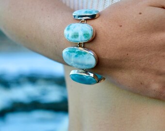 Larimar Silber Statement Armband, Edelstein Manschette Schmuck