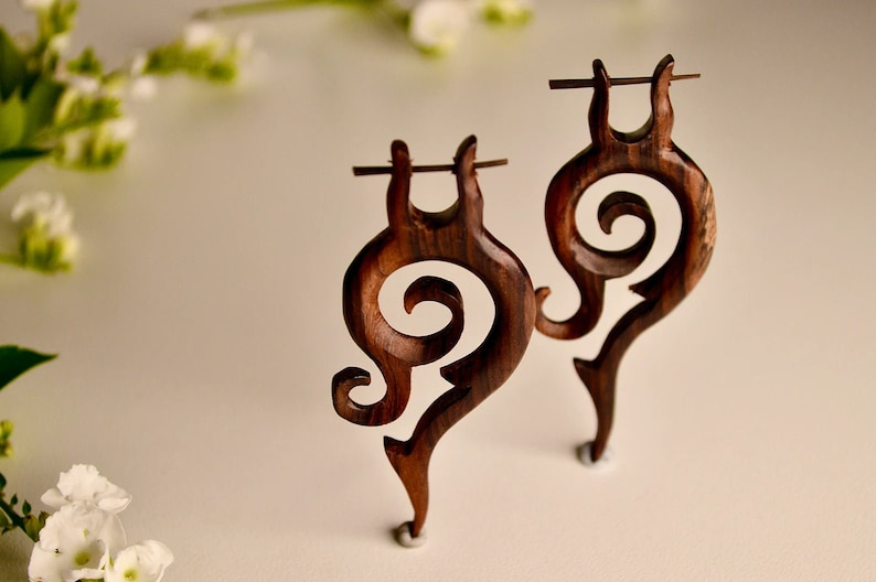 Hand Carved Tribal Wood Spike Earrings