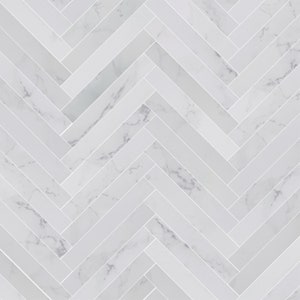 May include: White marble tiles arranged in a herringbone pattern. The tiles have a subtle veining throughout.