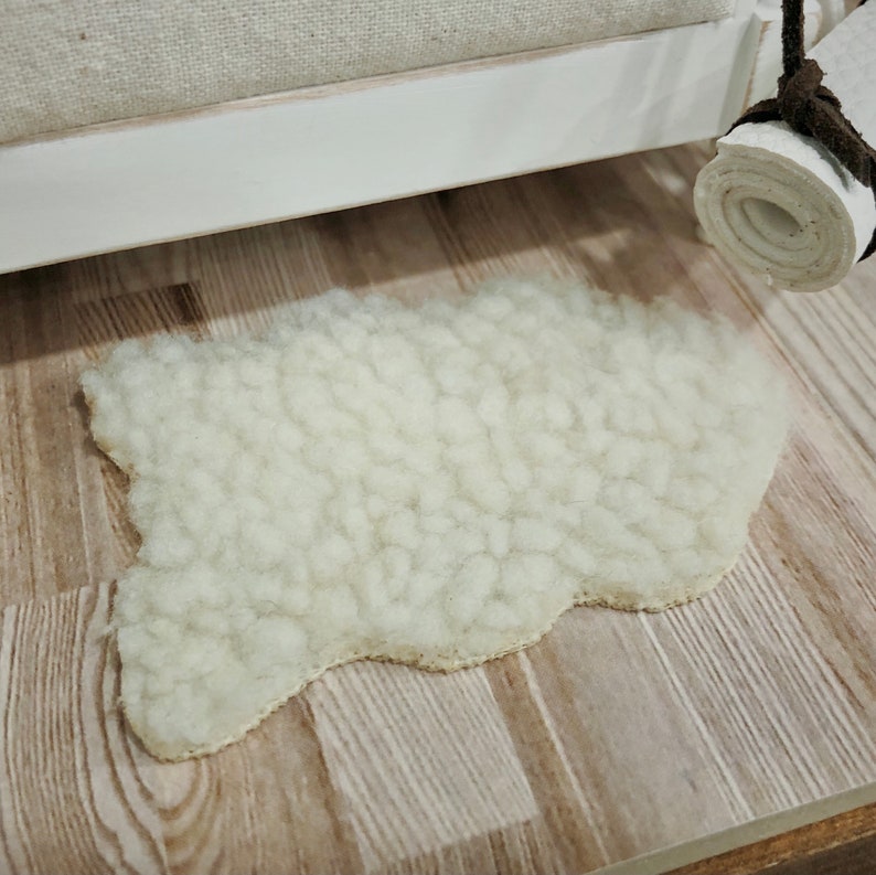 1:12 Ivory Sheepskin Fabric Faux Dollhouse 1/12 Scale Area Rug Miniature Diorama Modern Dolls House Farmhouse Decor 4x6 and 2x3 image 4