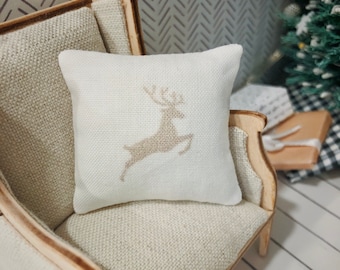 Natural Leaping Reindeer Natural Dollhouse 1:12 Pillow 1.5" Square Fabric Miniature Modern 1/12 Dolls House Cushion