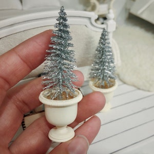 Glitter Silver Topiary Tree in White Urn Dollhouse 1:12 Miniature Modern 1/12 Scale Christmas Decor