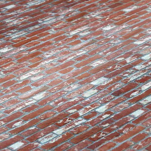 Peut inclure: Gros plan sur un mur de briques avec un motif en diagonale. Les briques sont rouges avec du mortier blanc et ont un aspect usé et vieilli.