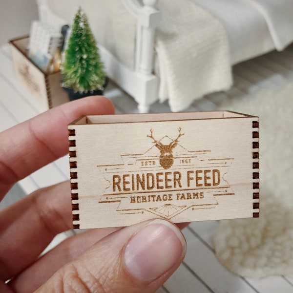 Dollhouse Reindeer Feed Engraved Wood Crate 1:12 Miniature Modern Dolls House Farmhouse 1/12 Scale Decor