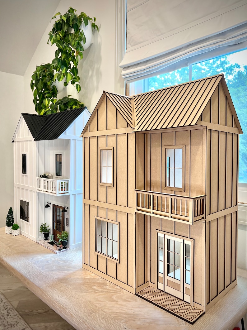 1:12 Scale Six Room Modern Farmhouse Three-Level Dollhouse Kit image 1