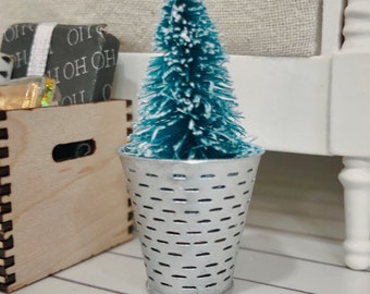 Flocked Spruce Green Topiary Tree in Small Silver Olive Basket Dollhouse 1:12 Miniature Modern 1/12 Scale Christmas Decor