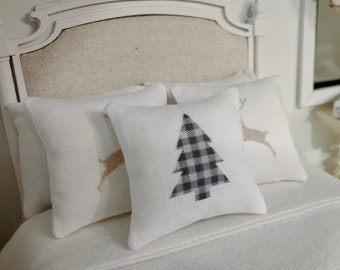 Charcoal Grey Check Tree Dollhouse 1:12 Pillow 1.5" Square Fabric Miniature Modern 1/12 Dolls House Cushion