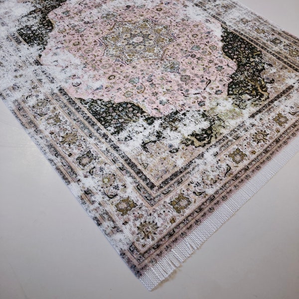 Pink Persian Dollhouse Rug: Distressed Miniature Fringed Fabric, 1/6, 1/12, 1/18 Scale