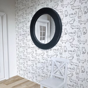 Black Line Cat 1/12 Dollhouse Wallpaper Miniature 1:12 Printable Download 8.5 x 11&quot; and 11 x 17&quot; Sheets
