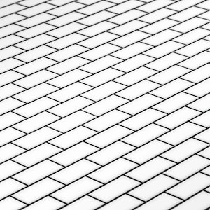 May include: Diagonal view of a white tile surface with black grout lines. The rectangular tiles are arranged in a staggered pattern, creating a clean, modern aesthetic. The image is in sharp focus, highlighting the texture and design.