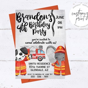 May include: A birthday party invitation with a fire truck theme. The invitation features the text "Brandon's 4th Birthday Party" and includes illustrations of a Dalmatian dog and an elephant dressed as firefighters. The date and time are also included.