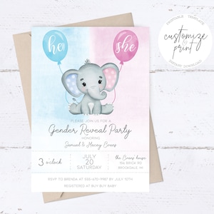 Elephant Baby Gender Reveal Party Invitation Editable Template, Printable & Instant Download image 1