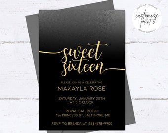 Sweet 16 Black & Gold Glitter Birthday Party Invitation Editable Template, Printable, Instant Download