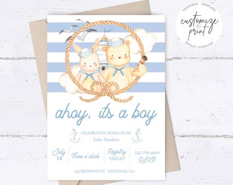 Ahoy It's A Boy Baby Shower Invitation Printable Template, Instant Download