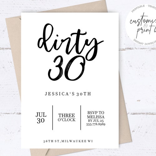 Dirty Thirty Birthday Invitation Editable Template Printable Etsy
