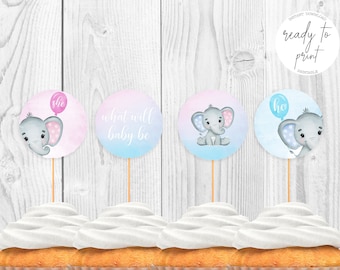 Elephant Baby Gender Reveal Printable Cupcake Toppers, Instant Download