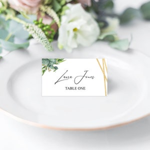 Gold & Greenery Place Card Editable Template, Printable, Instant Download