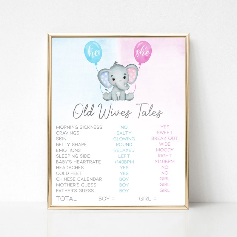 Elephant Baby Gender Reveal Party Old Wives Tales Printable Sign, Instant Download, 8 x 10 & 16 x 20 image 1