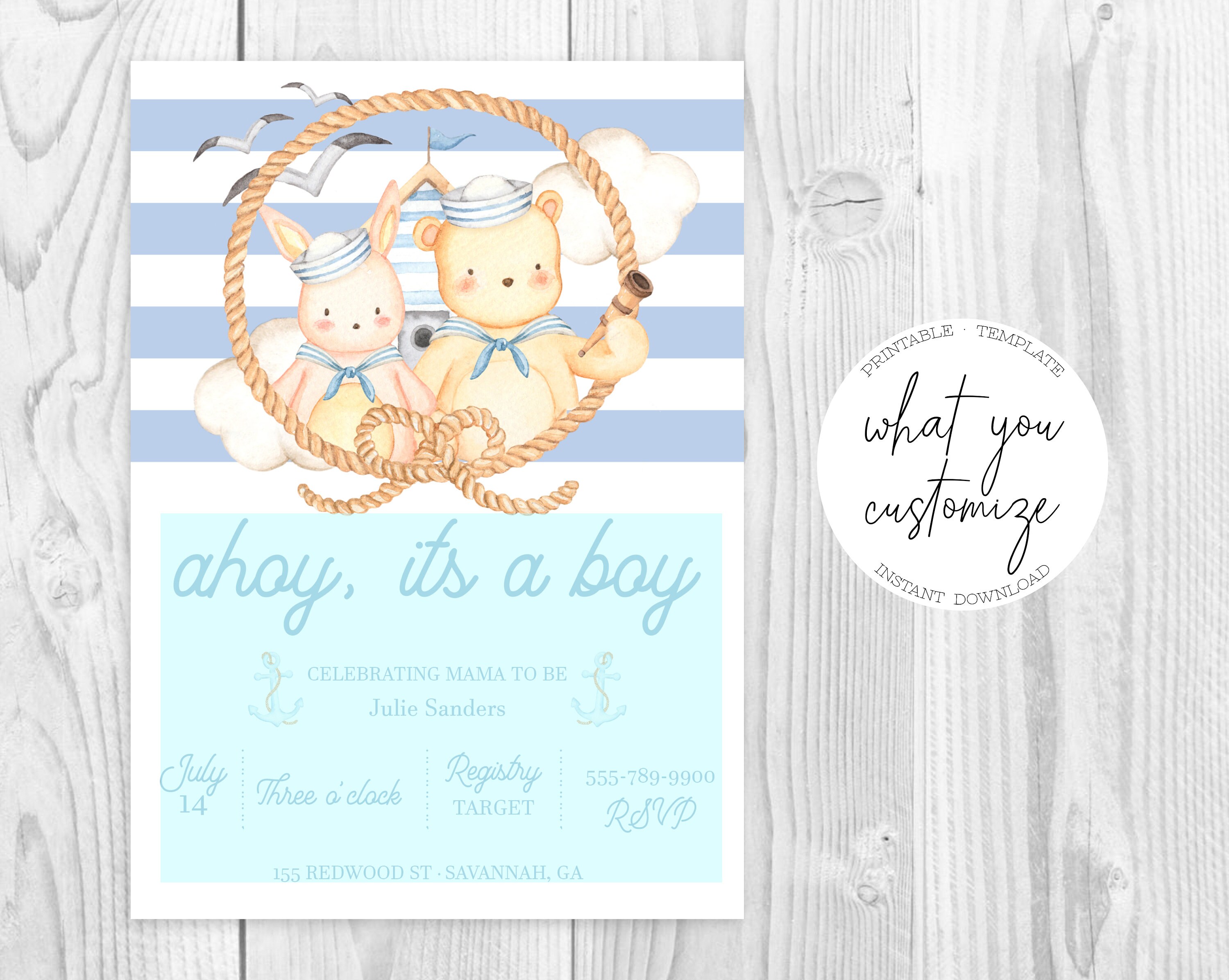 Ahoy It's A Boy Baby Shower Invitation Printable Template, Instant ...