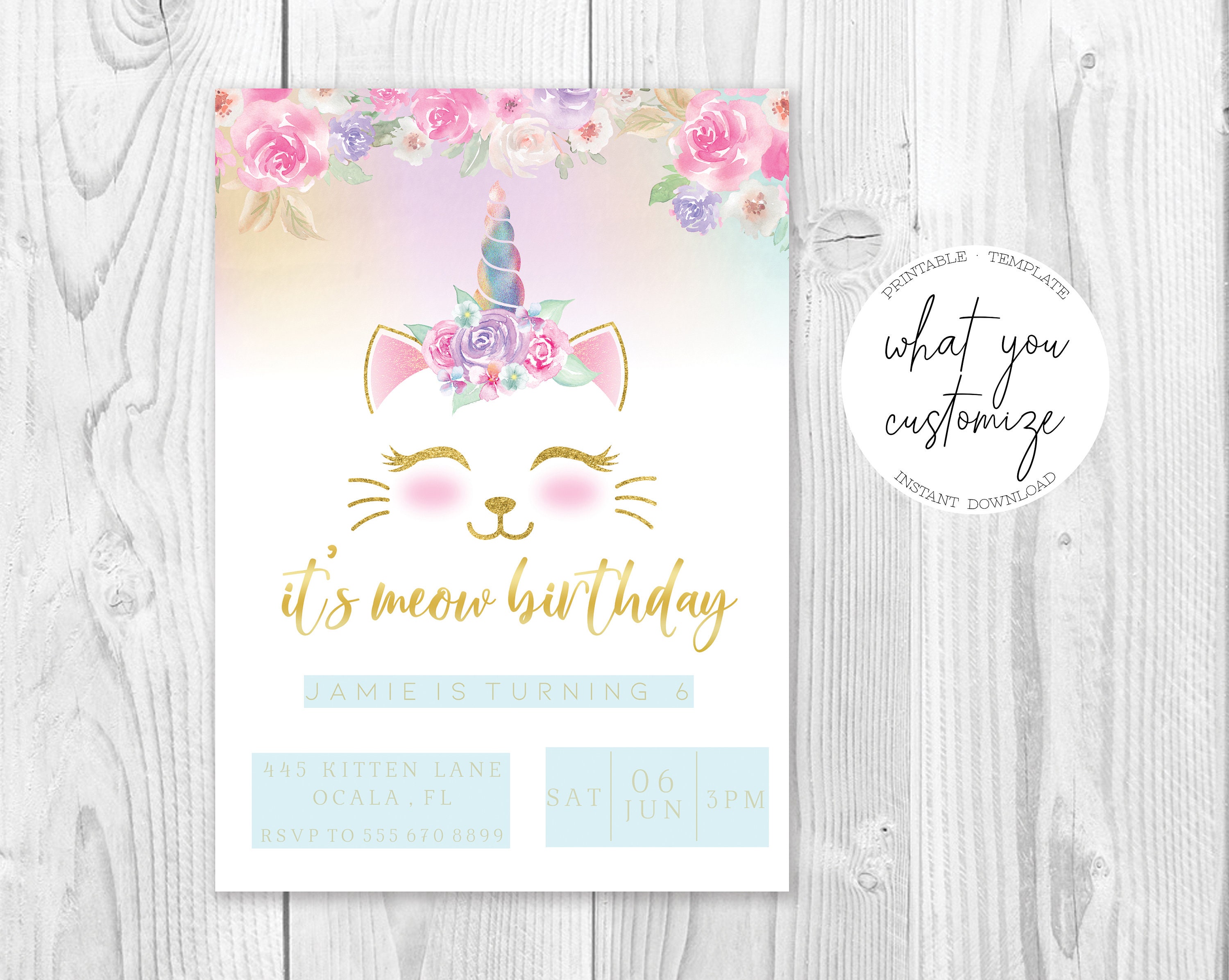 Unicorn Cat Birthday Party Invitation Editable Template, Printable ...