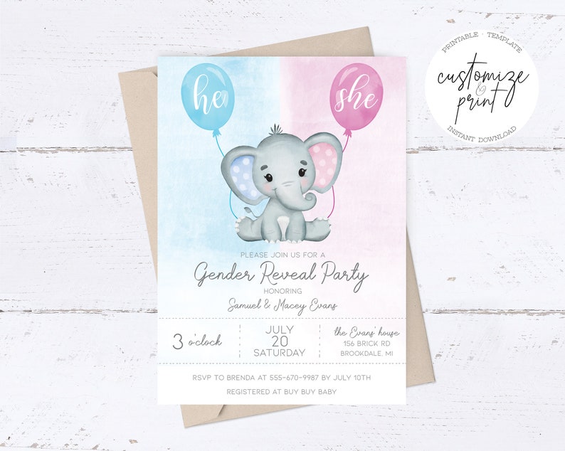 Elephant Baby Gender Reveal Party Invitation Editable Template, Printable & Instant Download image 1
