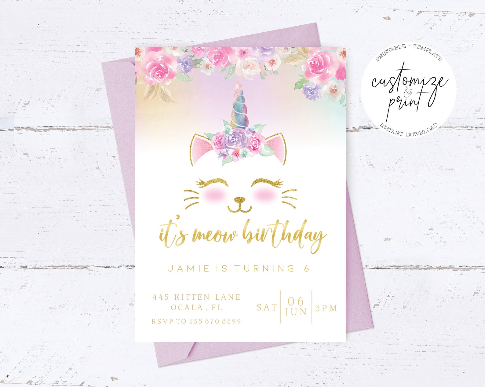 Unicorn Cat Birthday Party Invitation Editable Template, Printable ...