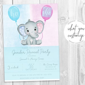 Elephant Baby Gender Reveal Party Invitation Editable Template, Printable & Instant Download image 2