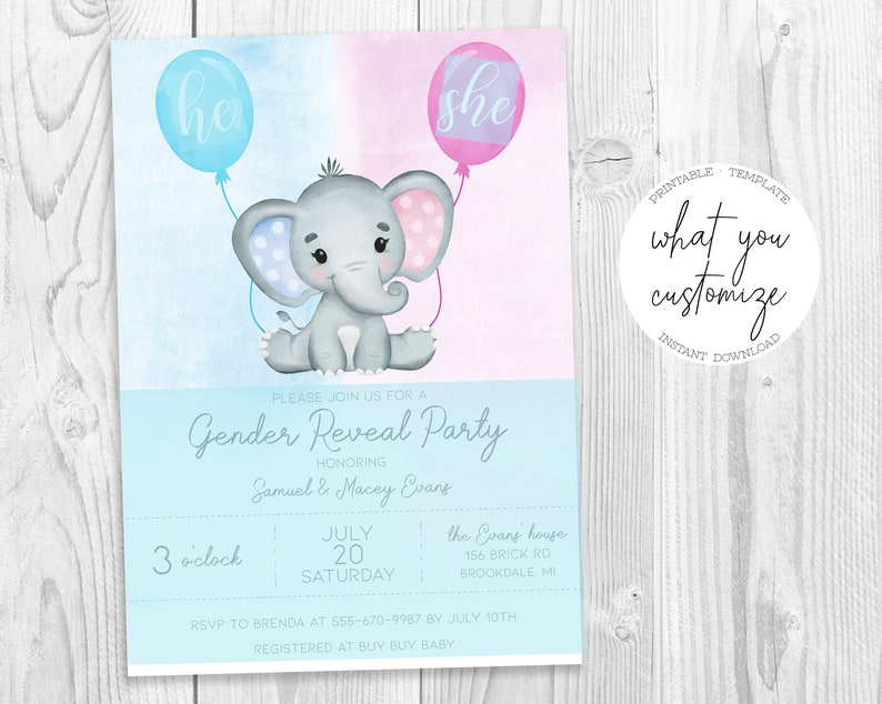 Elephant Baby Gender Reveal Party Invitation Editable Template, Printable & Instant Download image 2