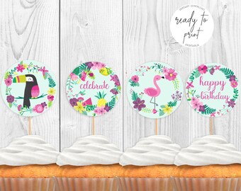 Tropical Birthday Cupcake Toppers Printable Instant Download