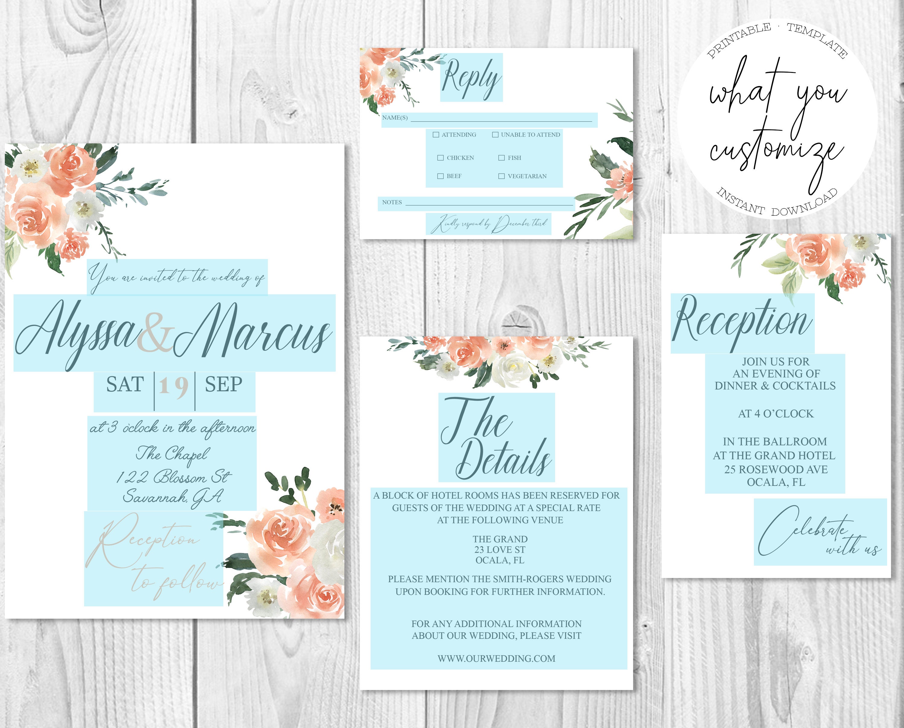 Coral Floral Wedding Invitation Complete Collection Editable Templates