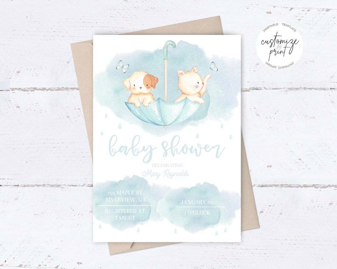 Raindrop Animals Baby Shower Invitation Printable Template, Instant ...