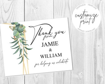 Gold & Greenery Wedding Printable Thank You Card Editable Template, Instant Download