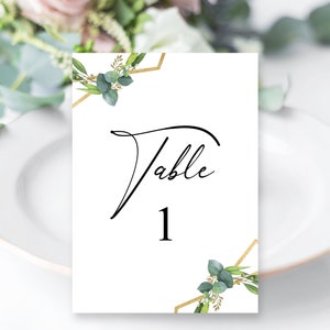 Gold & Greenery Printable Wedding Table Numbers Editable Template, Instant Download