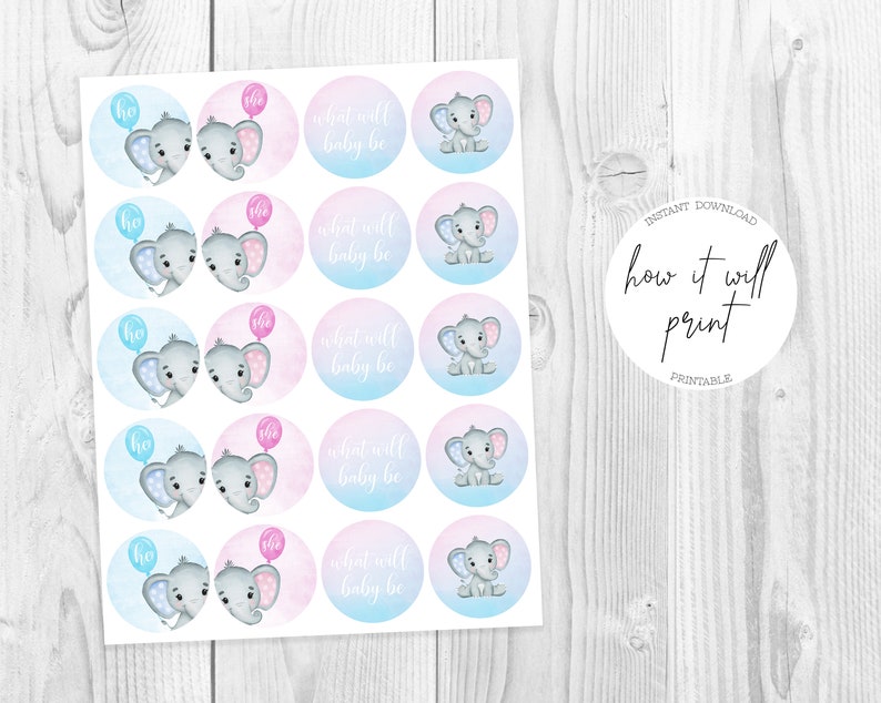 Elephant Baby Gender Reveal Printable Cupcake Toppers, Instant Download image 2