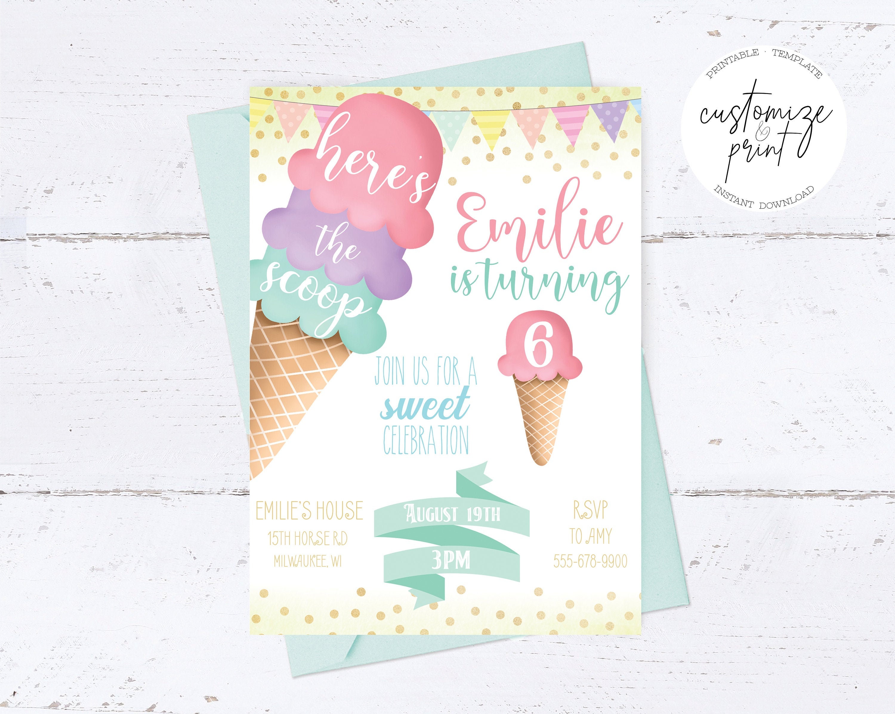 Ice Cream Birthday Party Invitation Editable Template, Printable