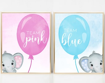 Elephant Baby Gender Reveal Party Team Pink & Team Blue Panneaux imprimables, Téléchargement instantané