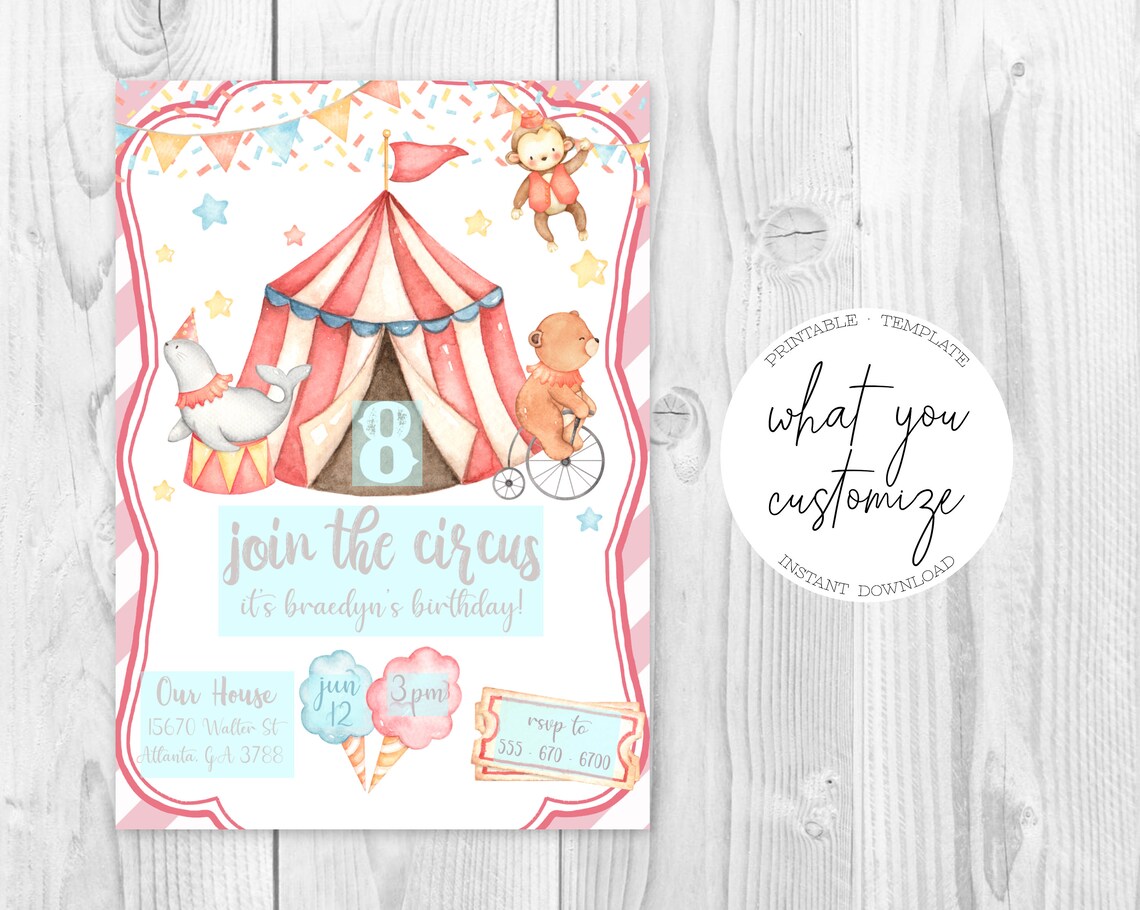 Circus Birthday Party Invitation Printable Template Instant - Etsy