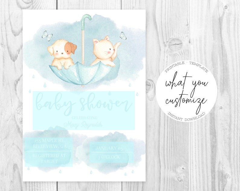Raindrop Animals Baby Shower Invitation Printable Template, Instant ...