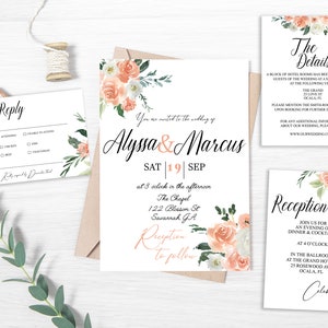 Coral Floral Wedding Invitation Complete Collection Editable Templates, Printable & Instant Download