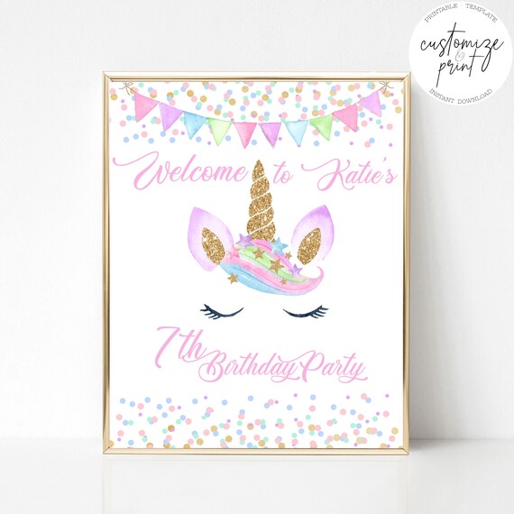 Pastel Unicorn Birthday Party Welcome Sign Editable Template Etsy