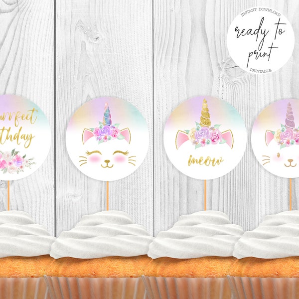 Unicorn Cat Birthday Printable Cupcake Toppers , Instant Download