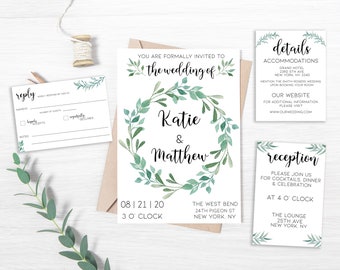 Simple Greenery Complete Wedding Invitation Collection, Editable Instant Download Templates, Printable