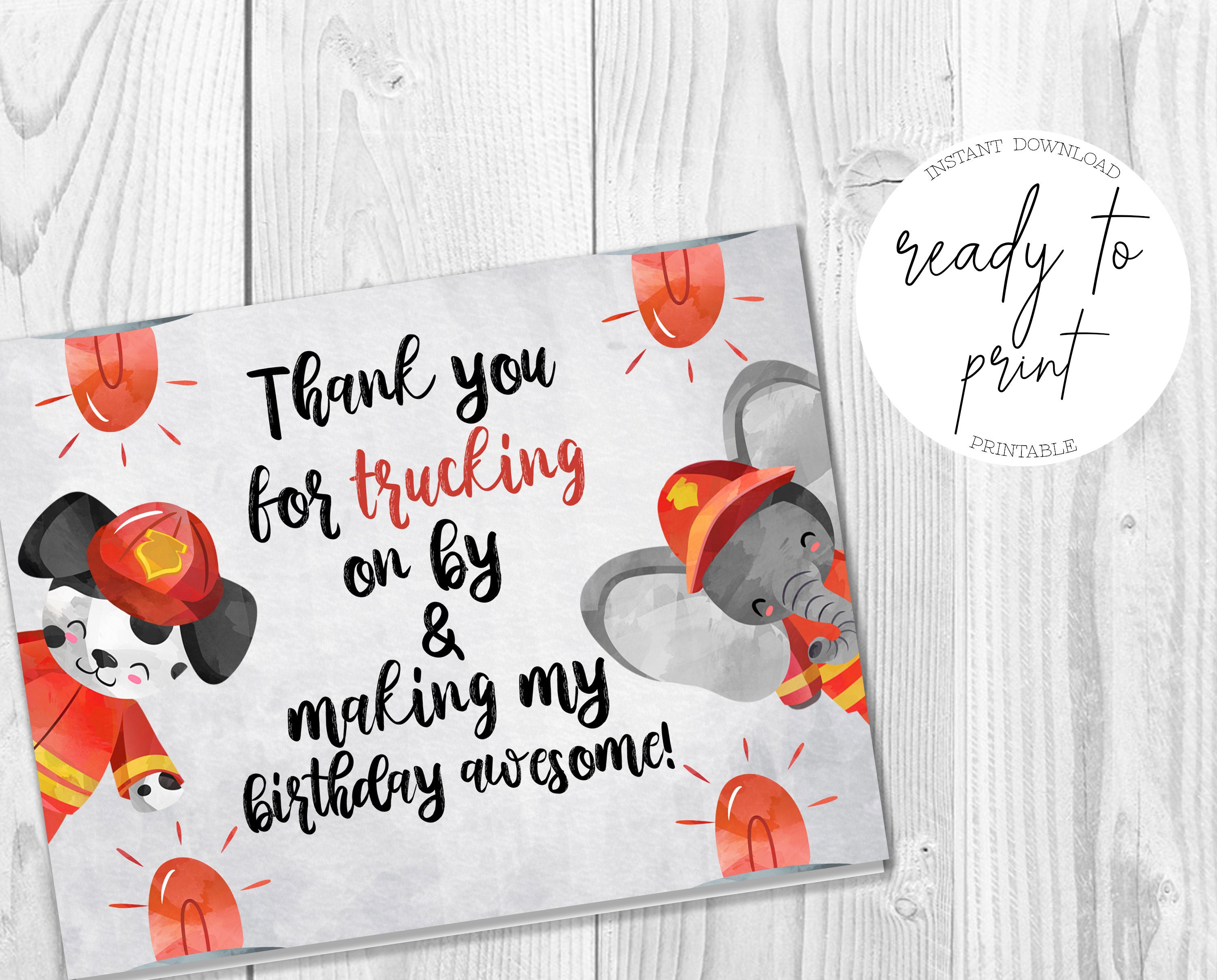 Firefighter Birthday Printable Thank You Card Instant - Etsy UK