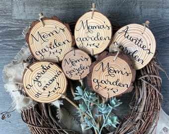 Hand Lettered Garden Signs for Mom — Mom's Garden, Mama's Garden Wood Slice and Bamboo Signs in Three Sizes